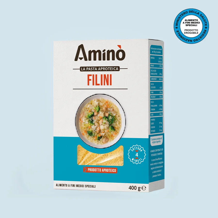 Aminò Filini pasta aproteica 400 g, alimento a fini medici speciali, pasta senza proteine per dieta ipoproteica