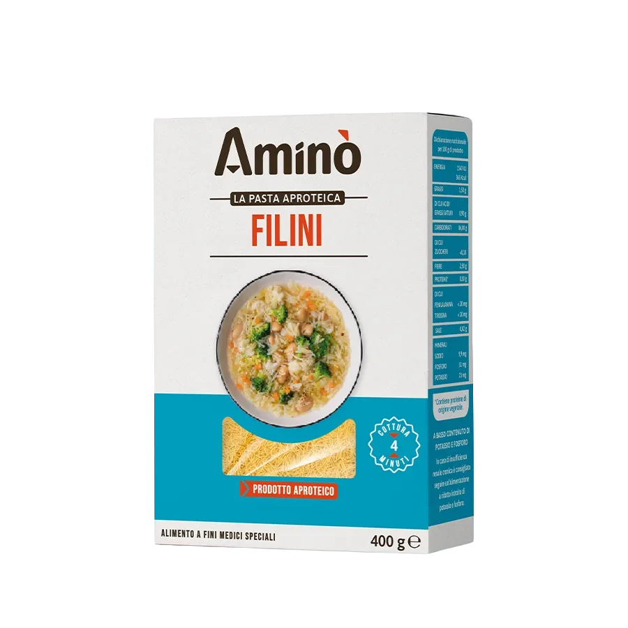Confezione Aminò Filini, pasta aproteica 400 g, alimento a fini medici speciali, packaging bianco